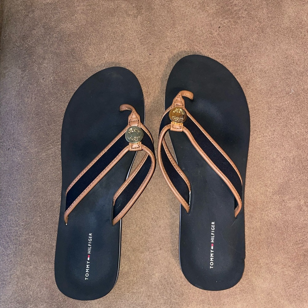Tommy Hilfiger Black and Brown Flip Flops